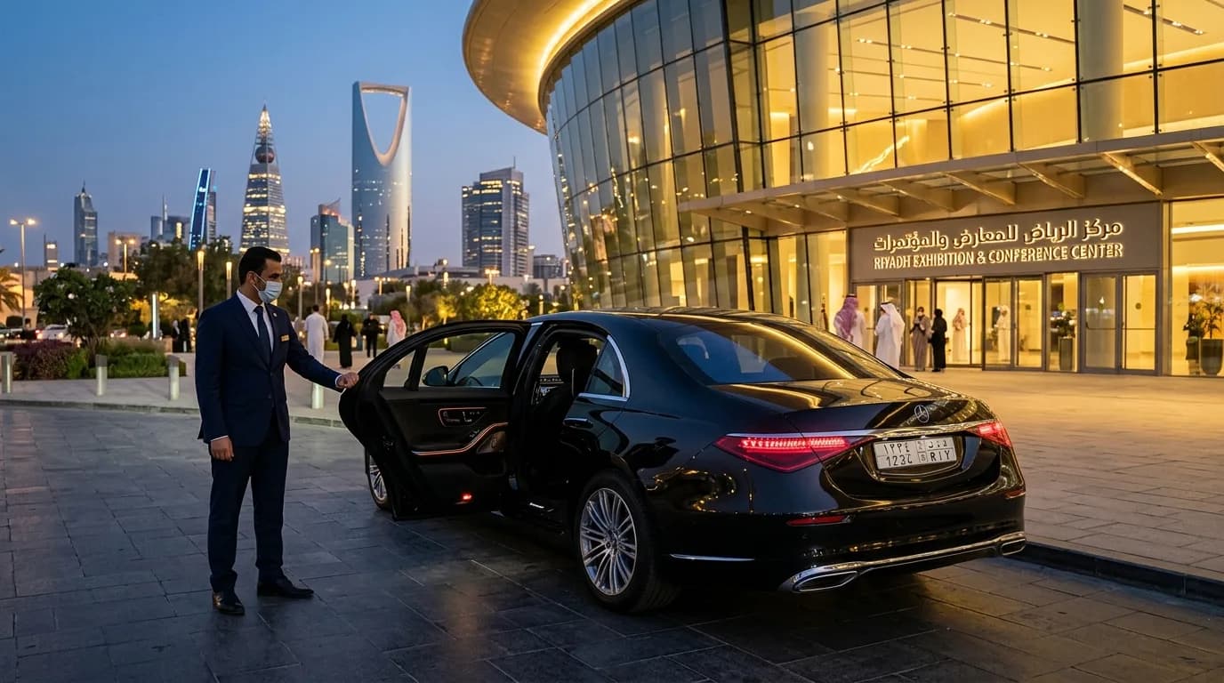 Chauffeur opening the door of a black Mercedes S-Class for a guest at dusk