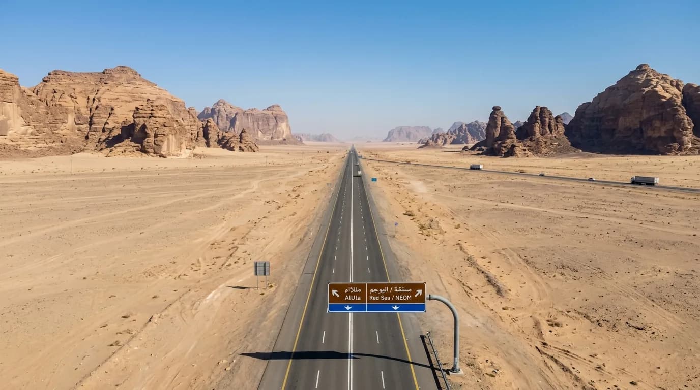 Illustration: a long straight highway through the desert with a road sign pointing to AlUla and to the Red Sea / NEOM