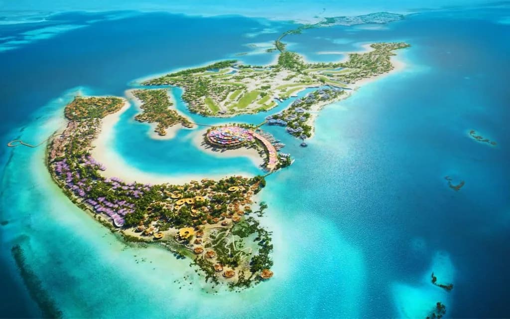Aerial rendering of a Red Sea island resort with beaches, lagoons and villas among turquoise water