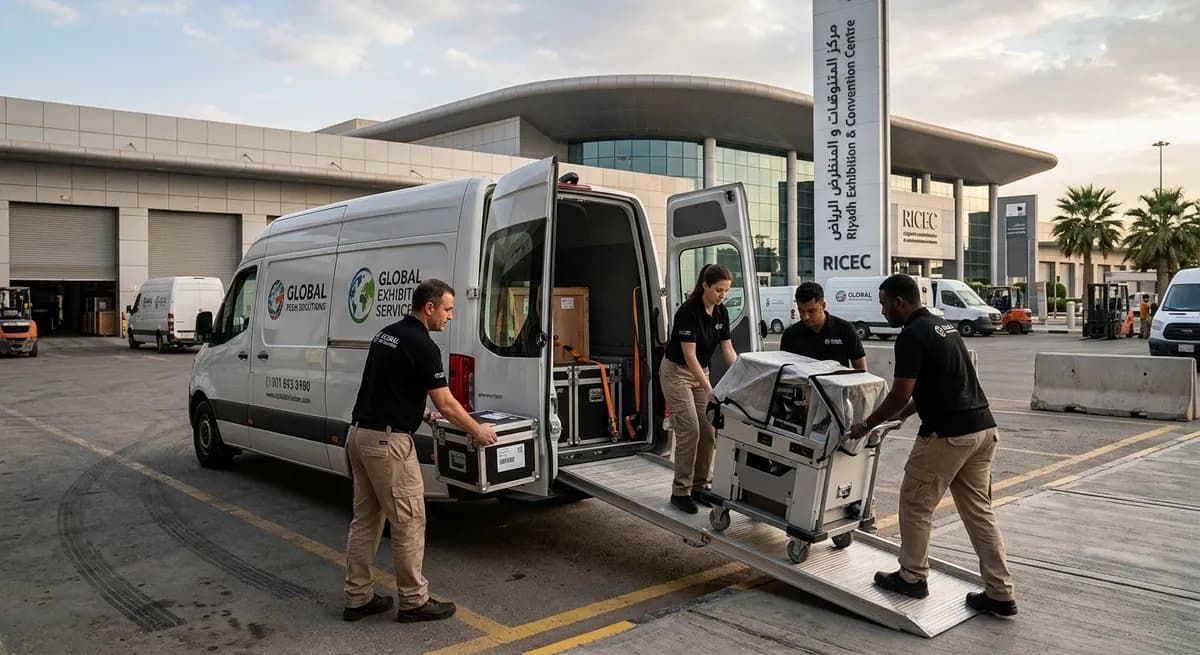 Exhibitor team loading demo equipment into a transport van at the Riyadh Exhibition & Convention Centre