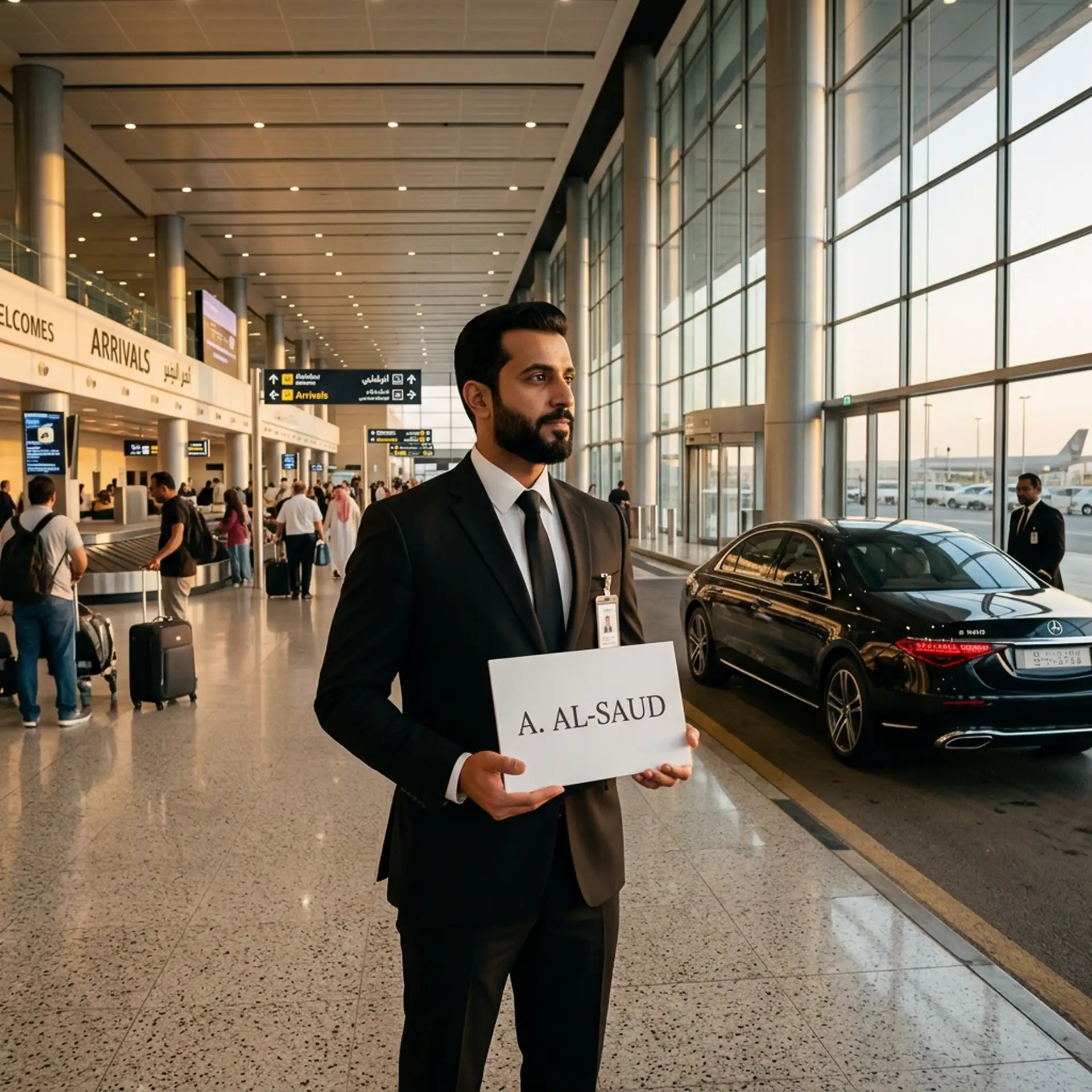 Chauffeur in a suit holding a name card beside a black sedan inside an airport terminal