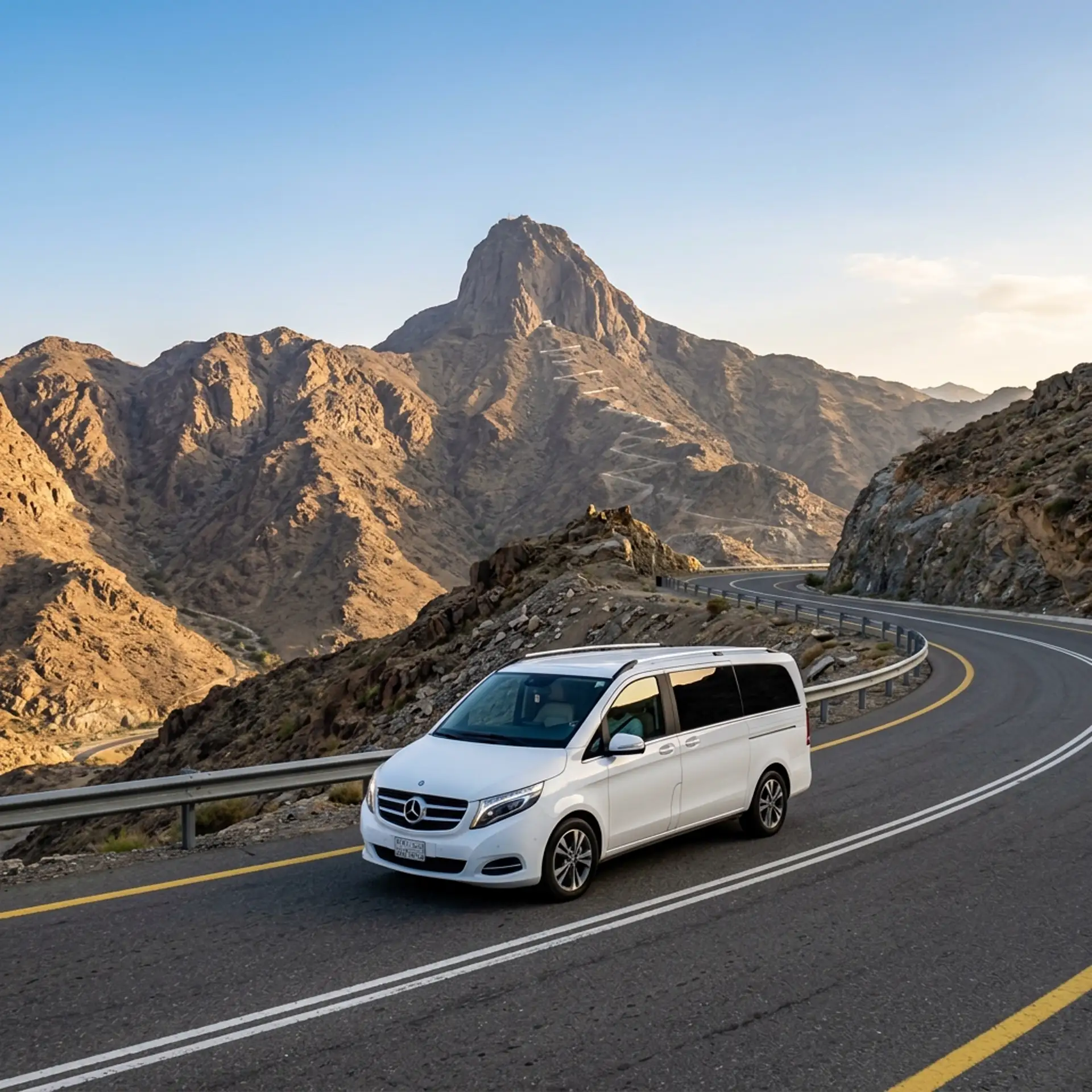 A white private van driving a winding mountain road in western Saudi Arabia