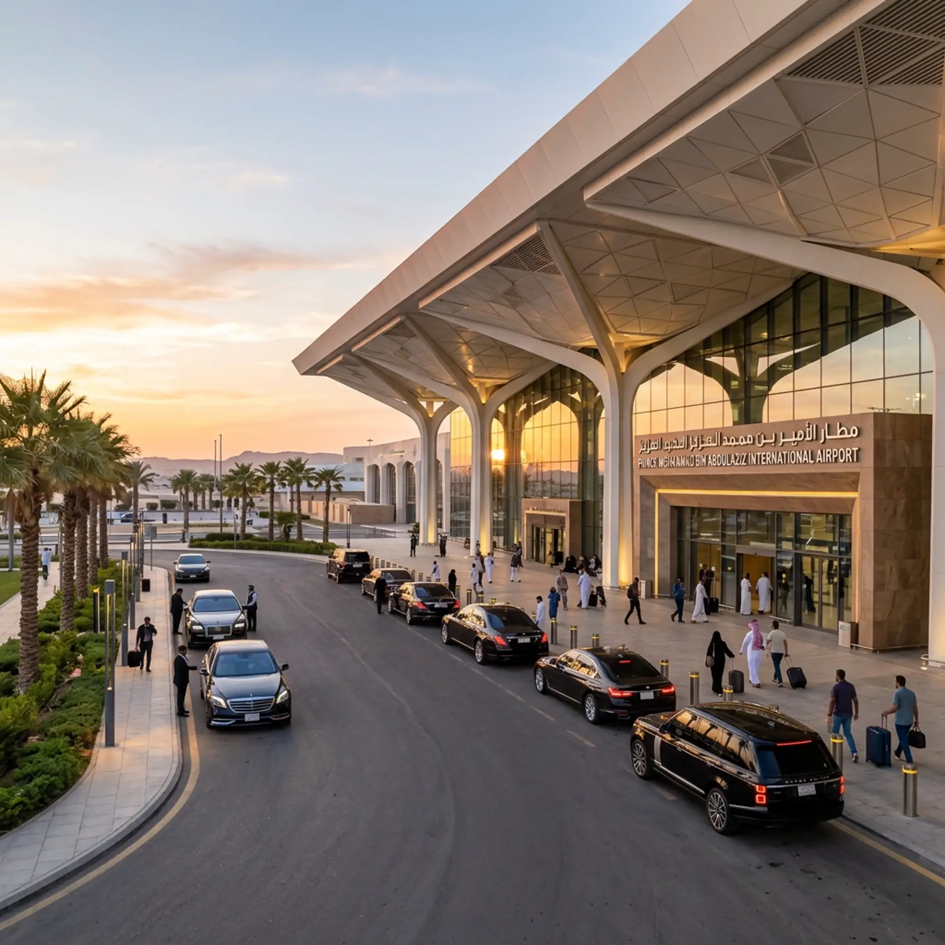 Illustration of private cars collecting passengers outside an airport terminal at sunset