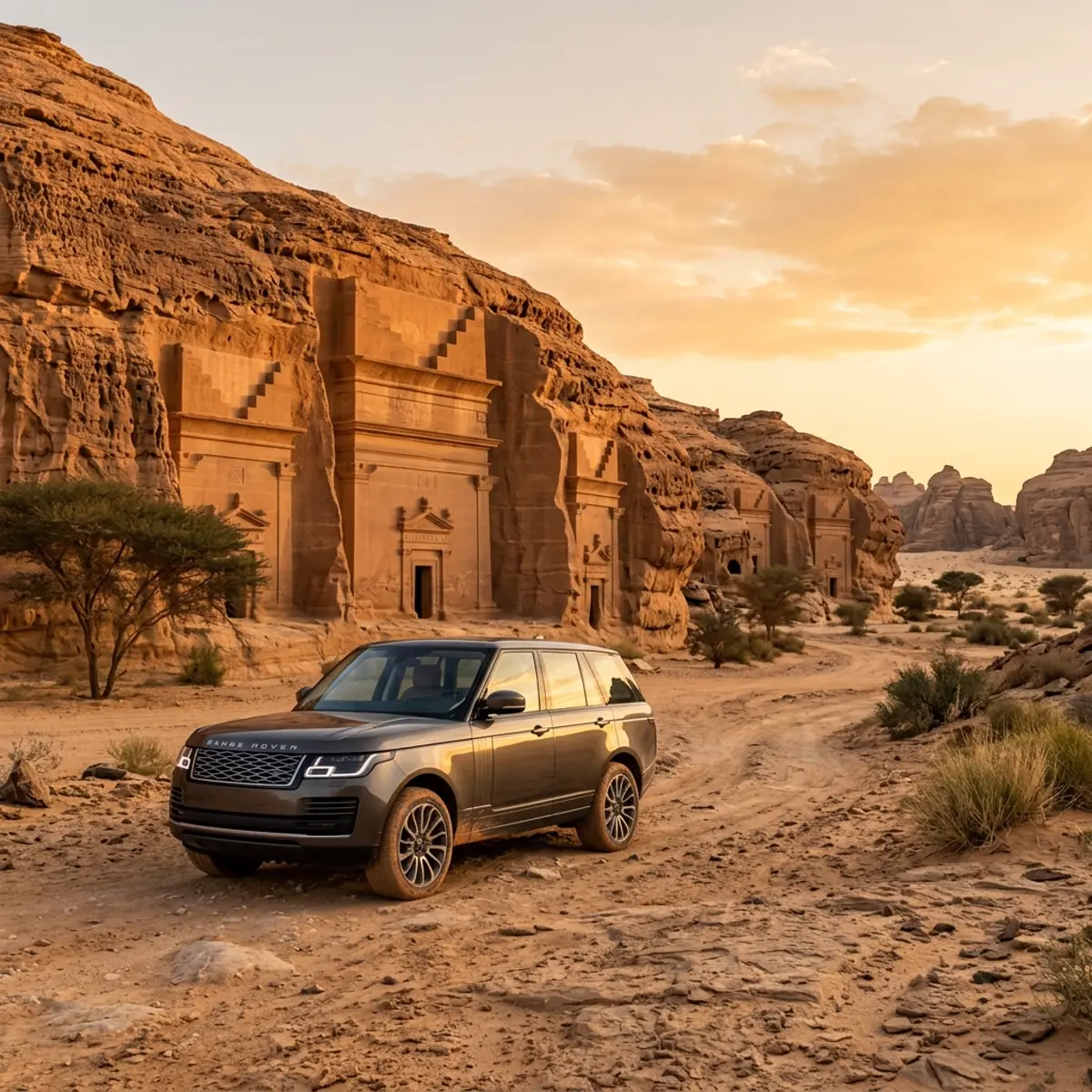 Dark SUV parked on desert sand in front of a tomb facade carved into a sandstone cliff