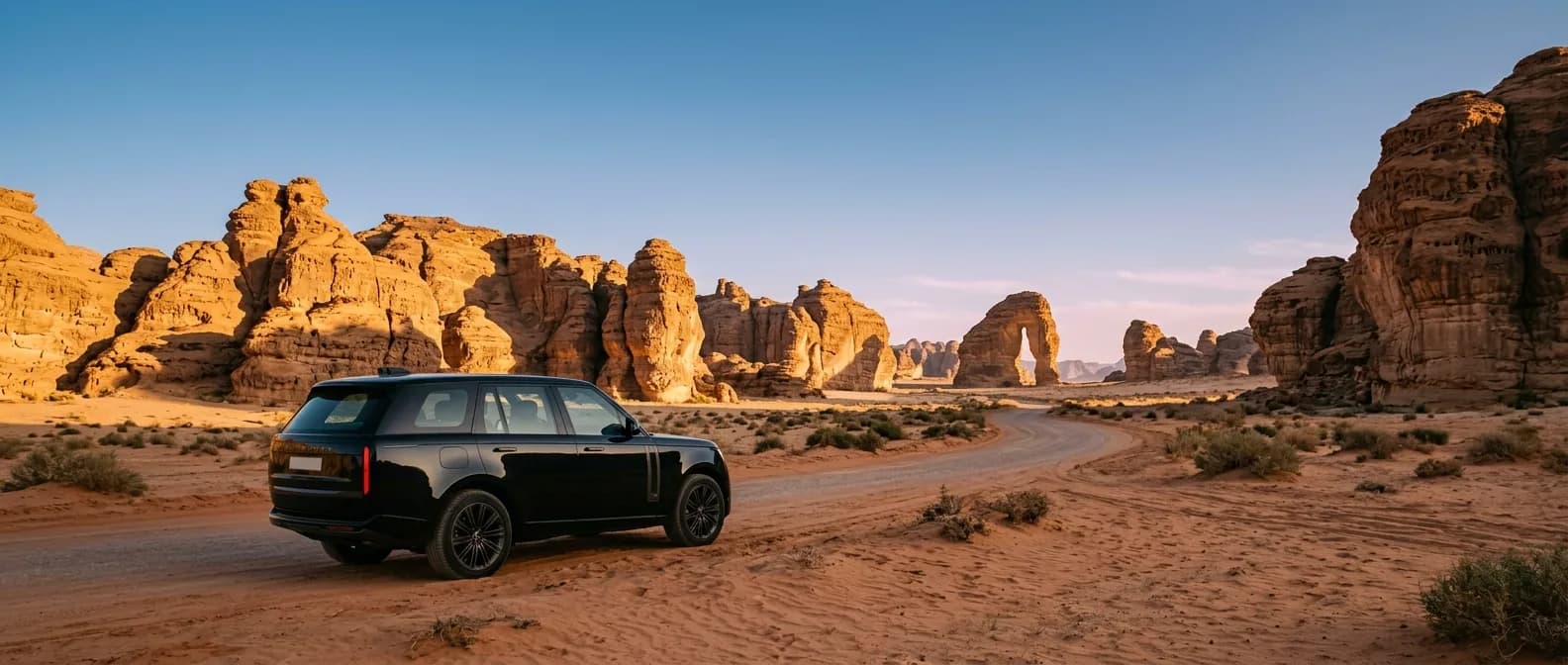 Black SUV on a desert track among weathered sandstone rock formations under a clear sky