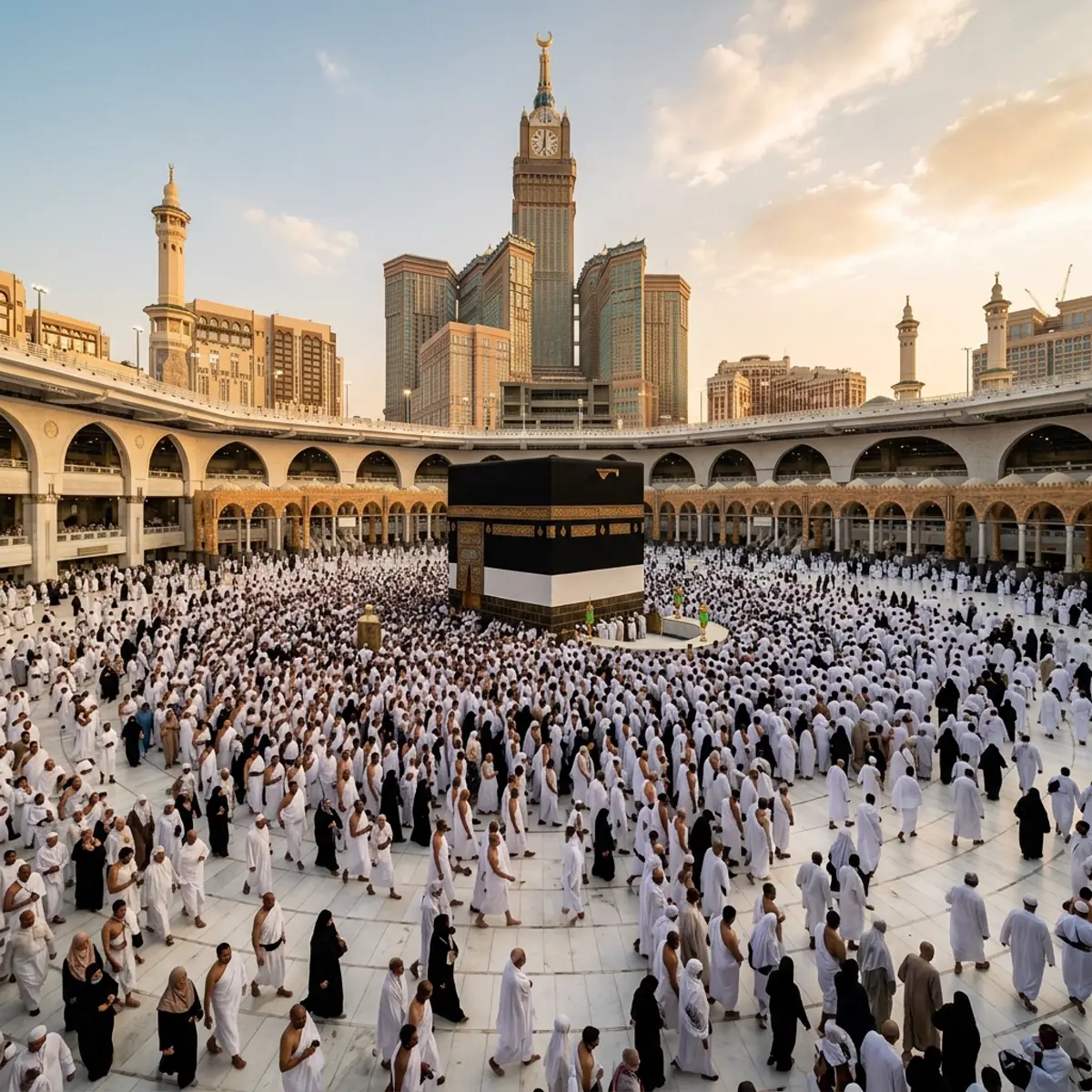 Crowds of pilgrims around the Kaaba in the courtyard of Masjid al-Haram, clock tower behind