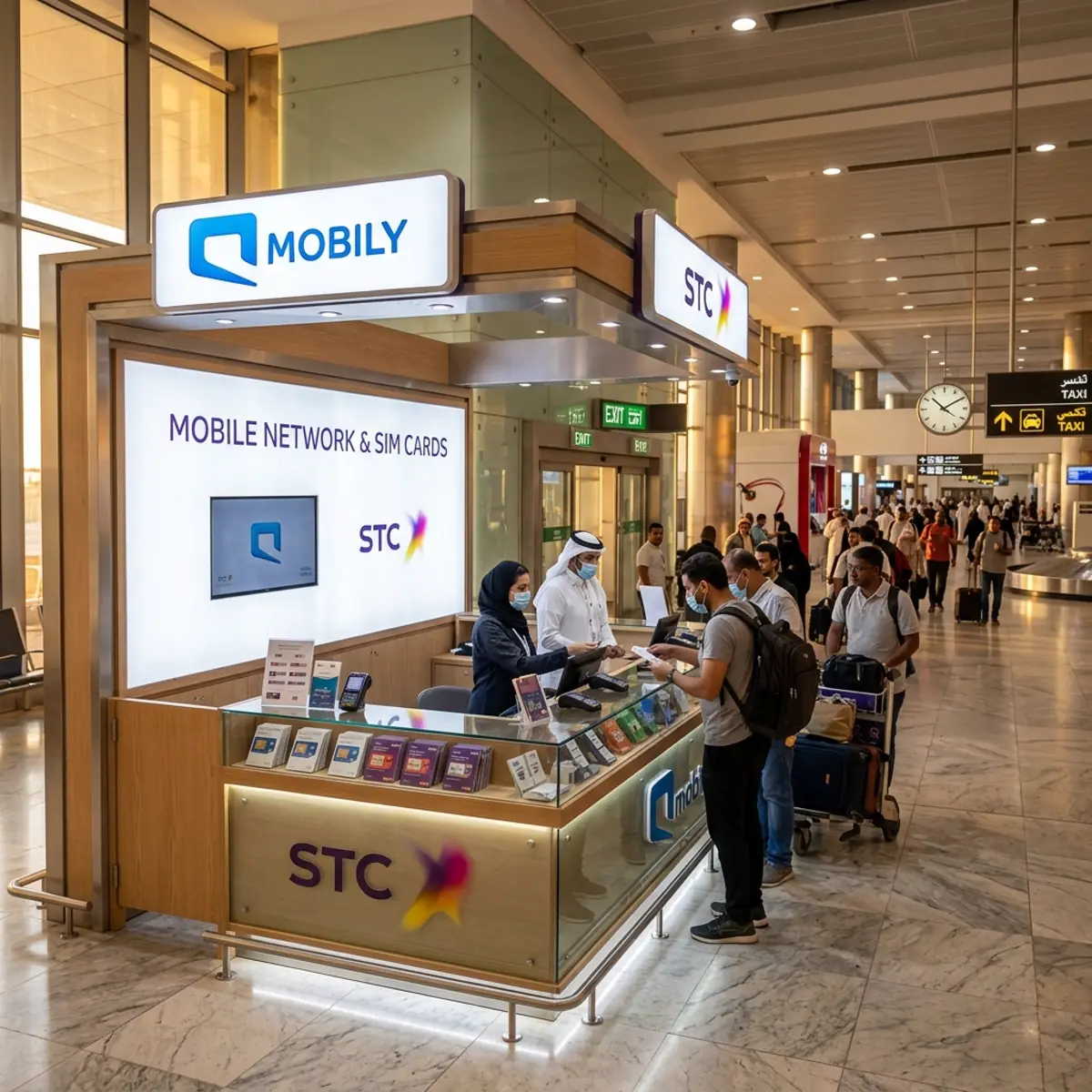 Mobile operator SIM card kiosks in an airport arrivals hall