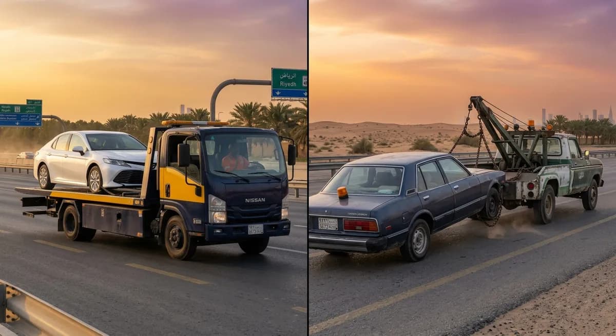 A flatbed tow truck carrying a sedan beside a hook-and-chain tow truck pulling a car