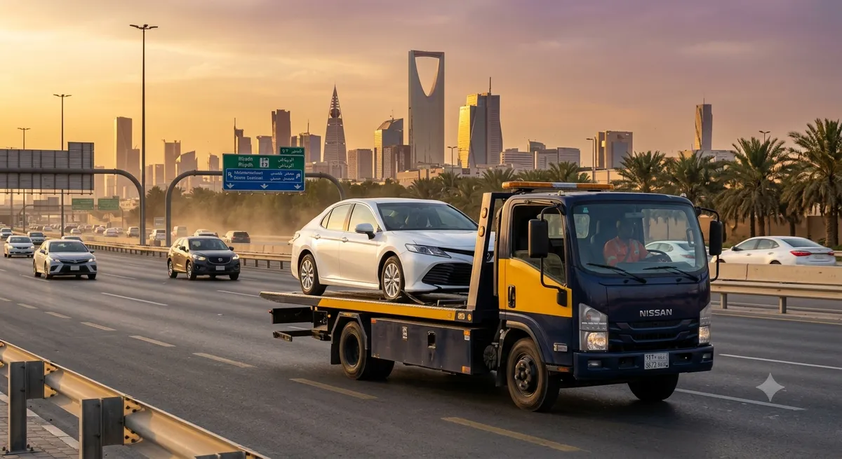 Flatbed truck carrying a white car on a highway with a city skyline behind