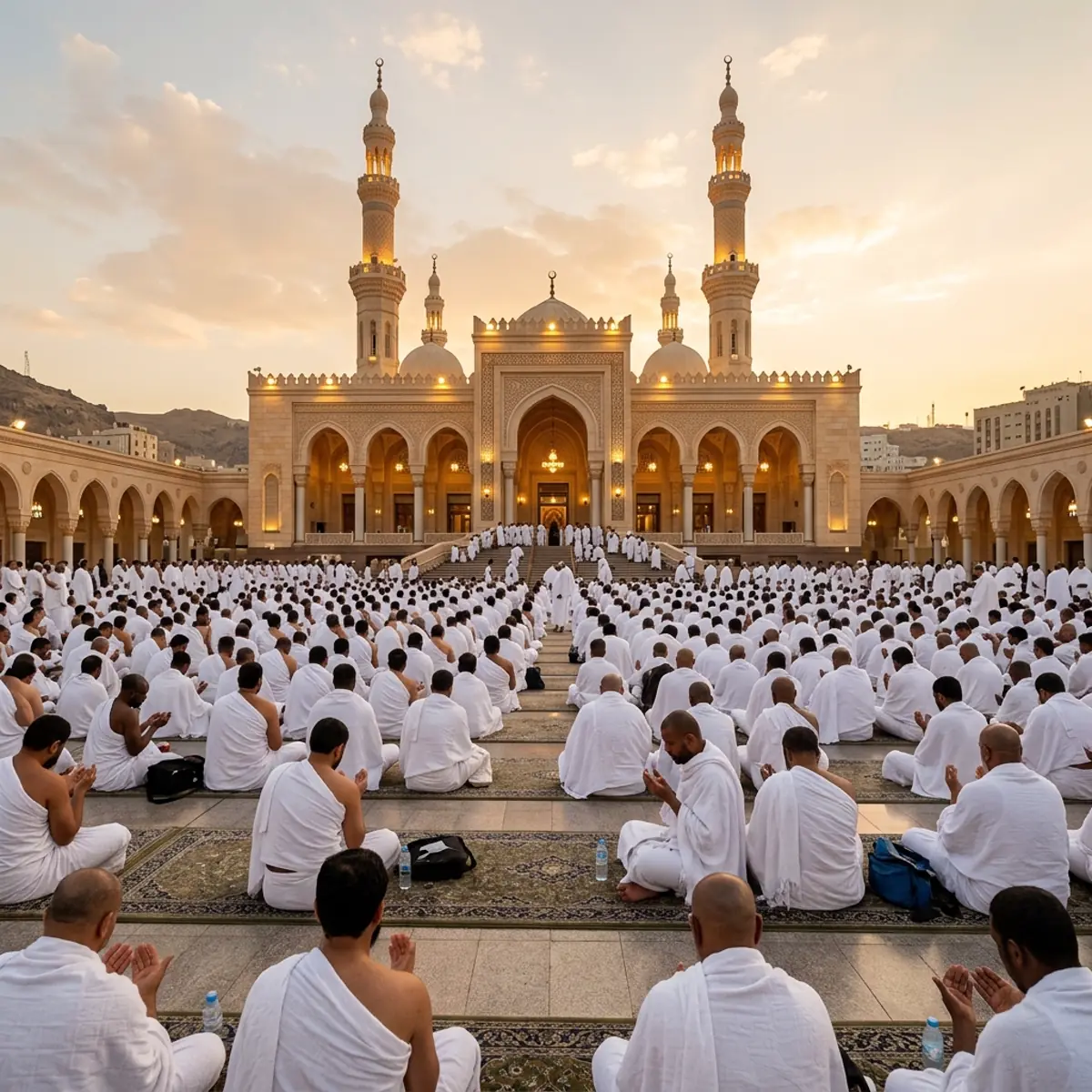 Pilgrims in white Ihram garments seated in prayer in a mosque courtyard at sunset
