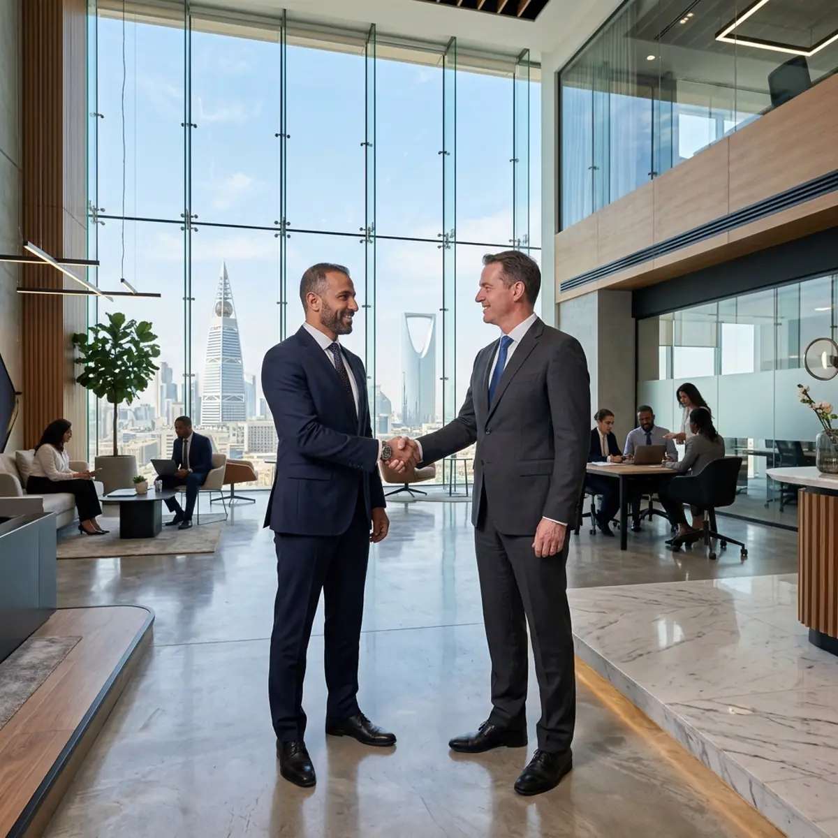 Two businessmen in suits shaking hands in a bright office lobby with a city skyline behind