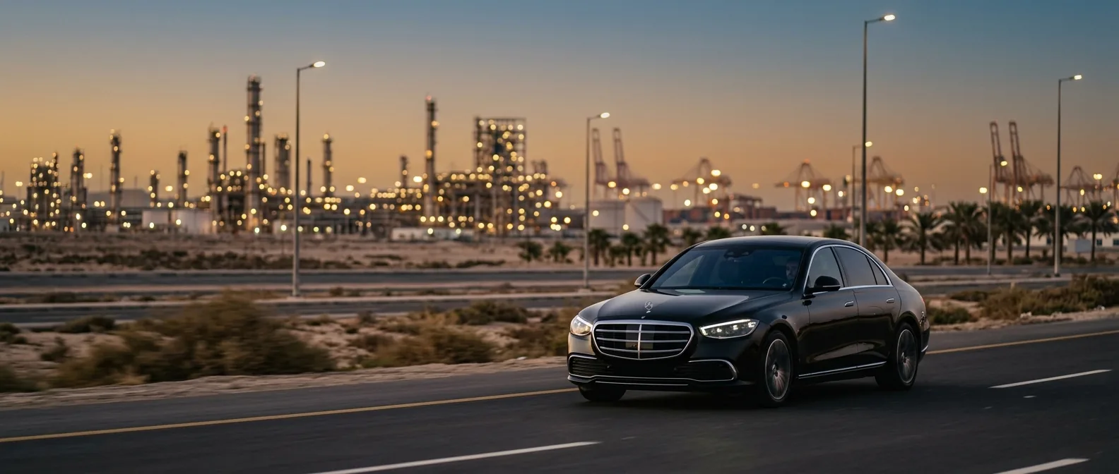 Black sedan on a highway with an illuminated industrial plant on the horizon at dusk