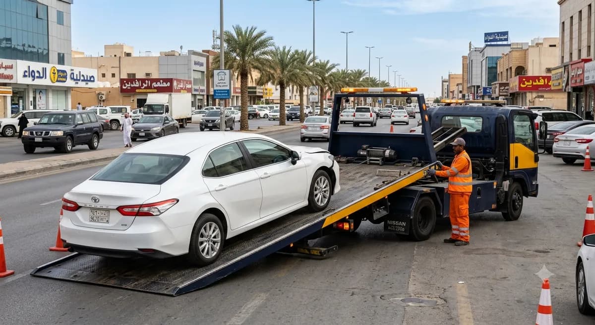 White sedan being winched onto a flatbed tow truck on a city street