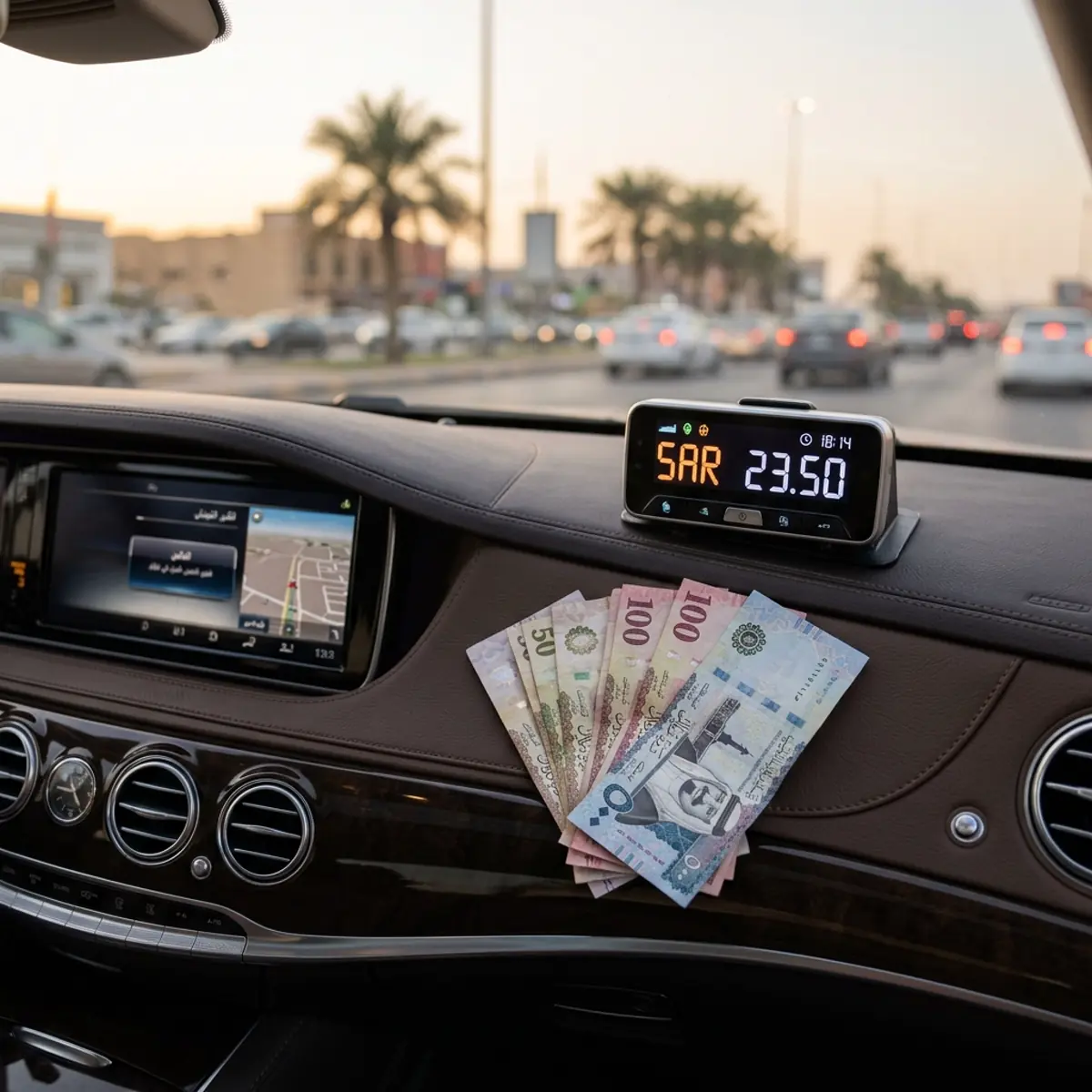 Car dashboard with a fare display and Saudi riyal banknotes, palm trees outside the windscreen