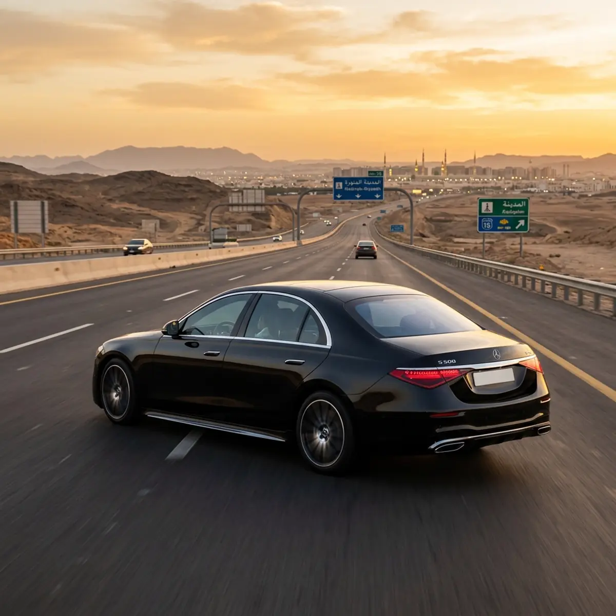 Black sedan on a multi-lane desert highway with road signs and hills at sunset