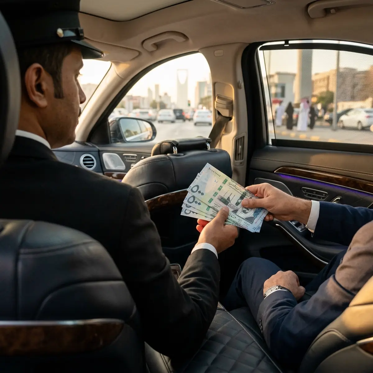 Passenger handing banknotes to a uniformed driver inside a car