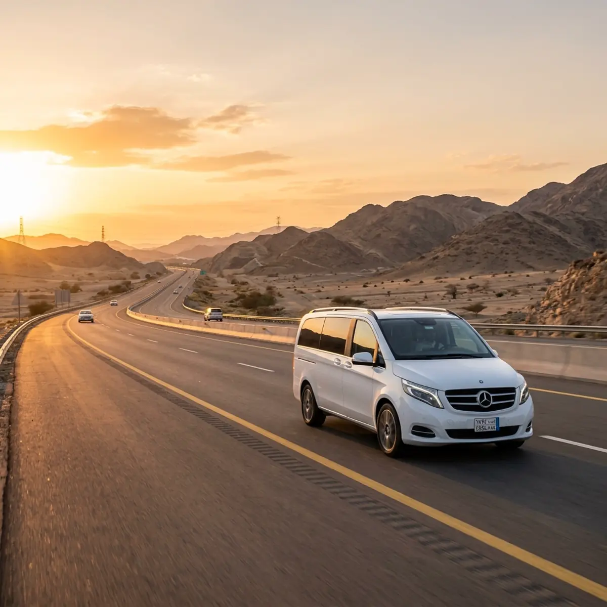 White passenger van on a desert highway between rocky hills at sunset