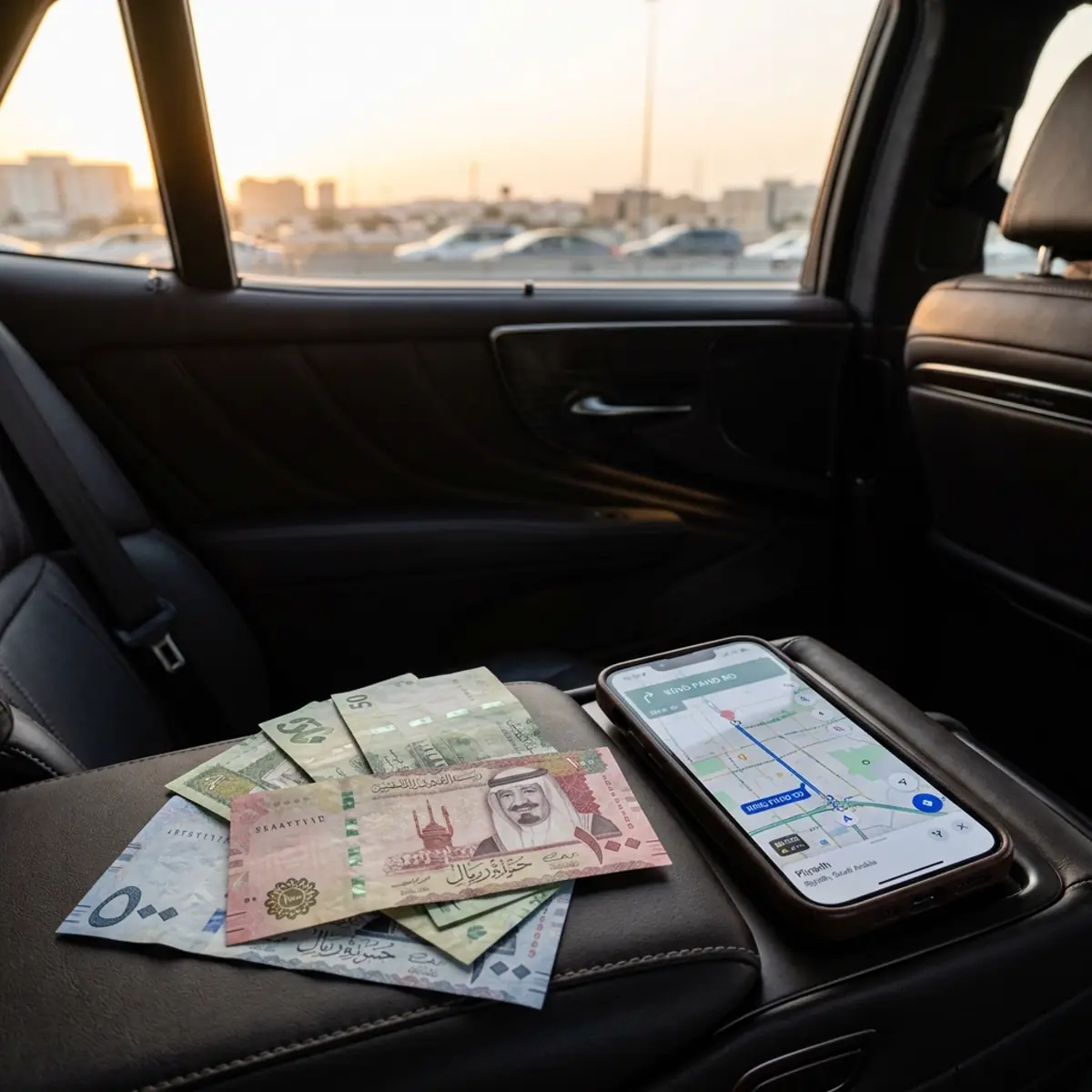 Saudi riyal banknotes and a phone showing a map on the back seat of a car