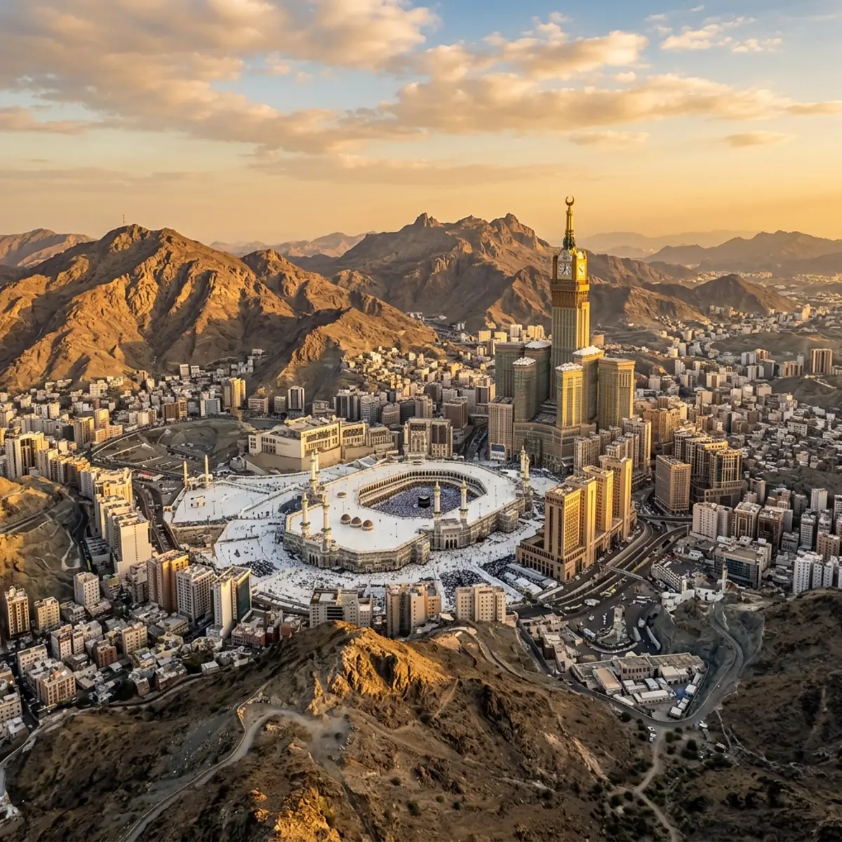 Aerial view of Makkah's mountains and city around Masjid al-Haram and the clock tower