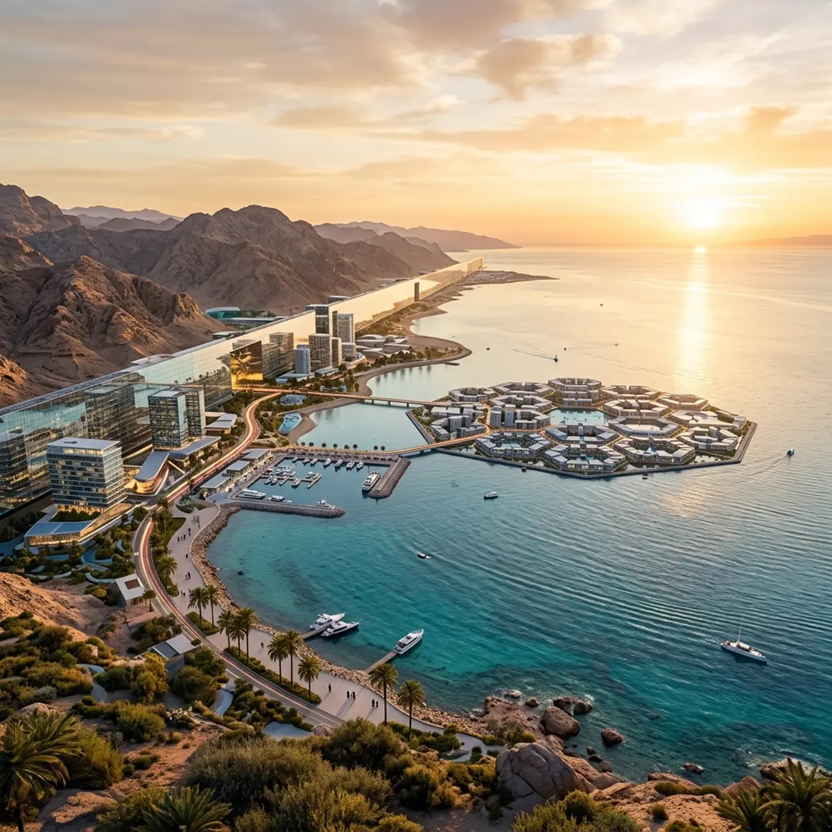 Coastal development and marina on turquoise water beneath desert mountains at sunset