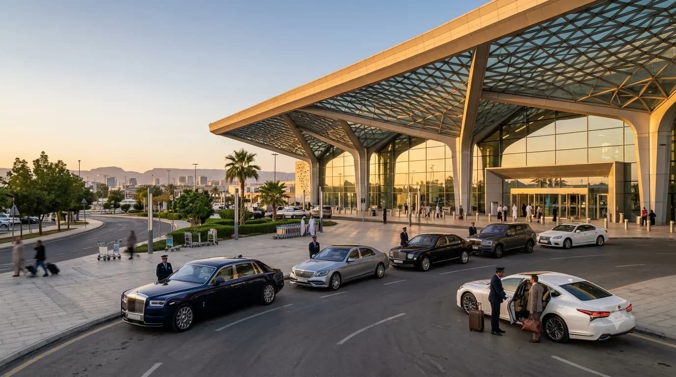 Cars at the kerb outside a modern airport terminal with a lattice canopy roof