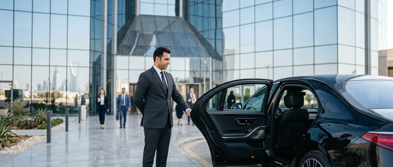 Chauffeur in a suit holding open the rear door of a black sedan outside a glass office building