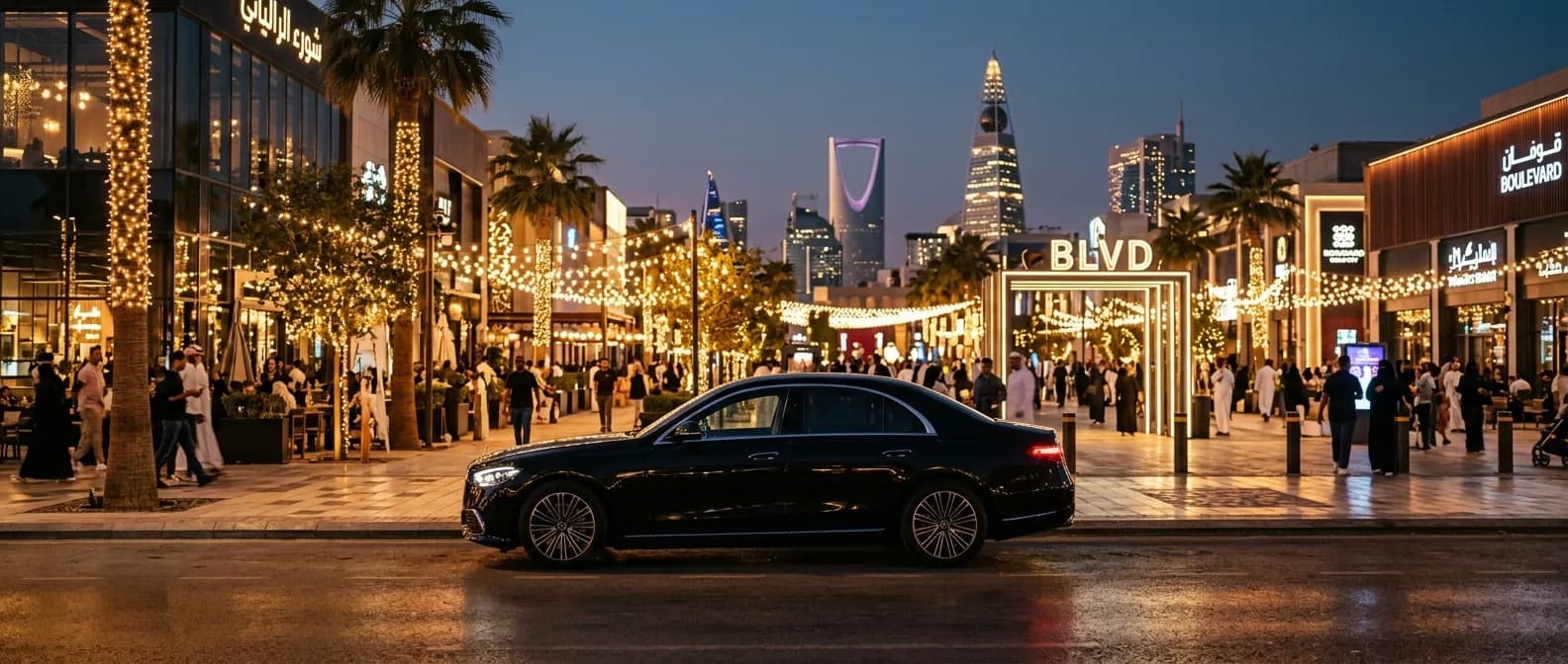 Black sedan parked outside a busy, brightly lit entertainment boulevard at night
