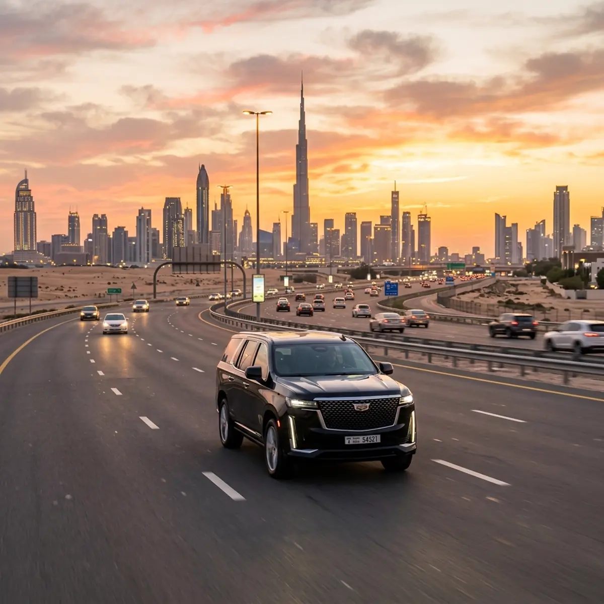 Black SUV on a highway approaching a city skyline with a supertall tower at sunset