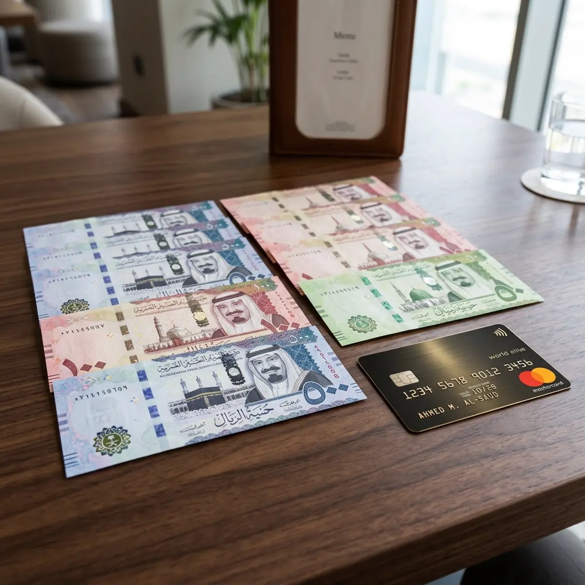 Saudi riyal banknotes and a payment card on a wooden table