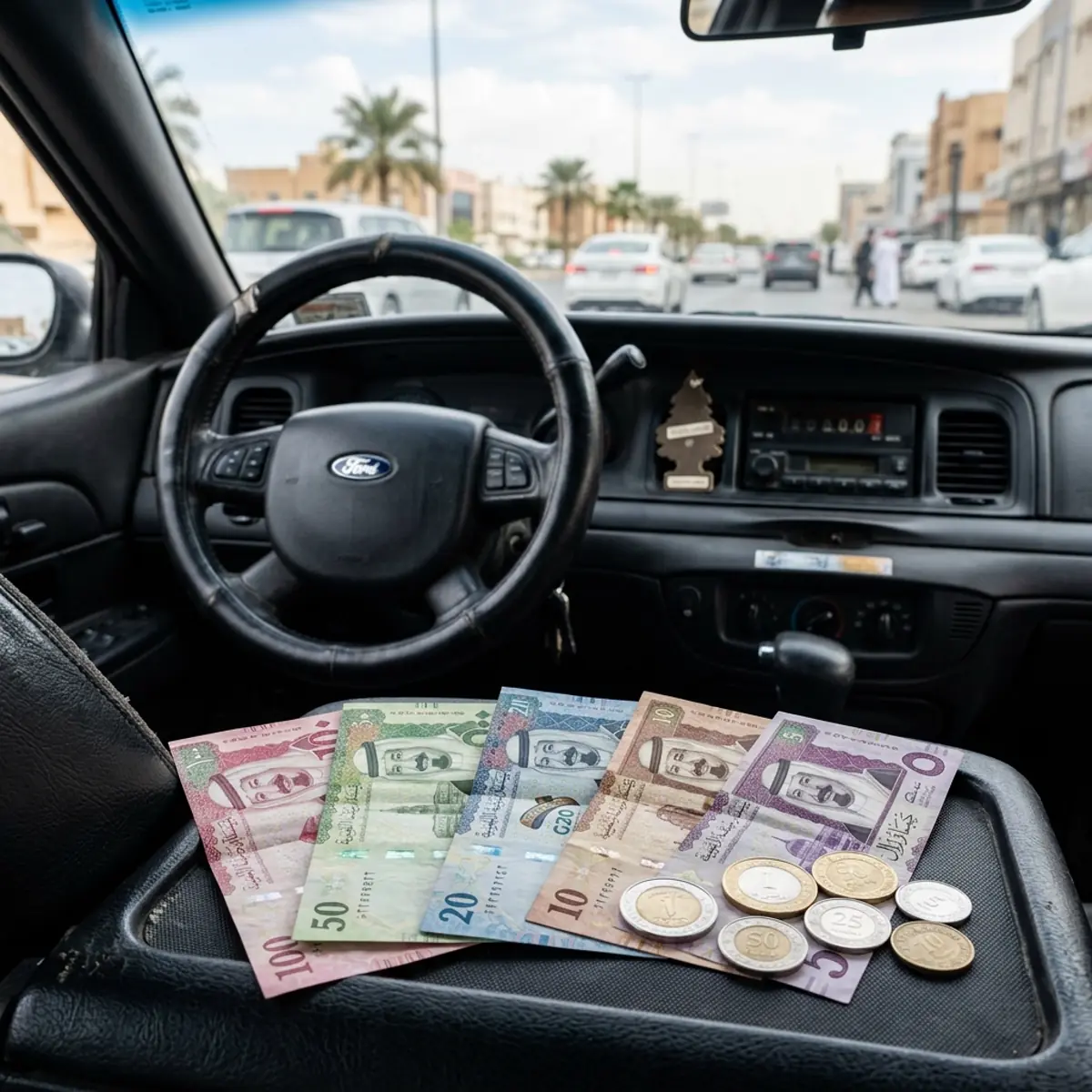 Saudi riyal notes and coins on the dashboard tray of a car, steering wheel in view