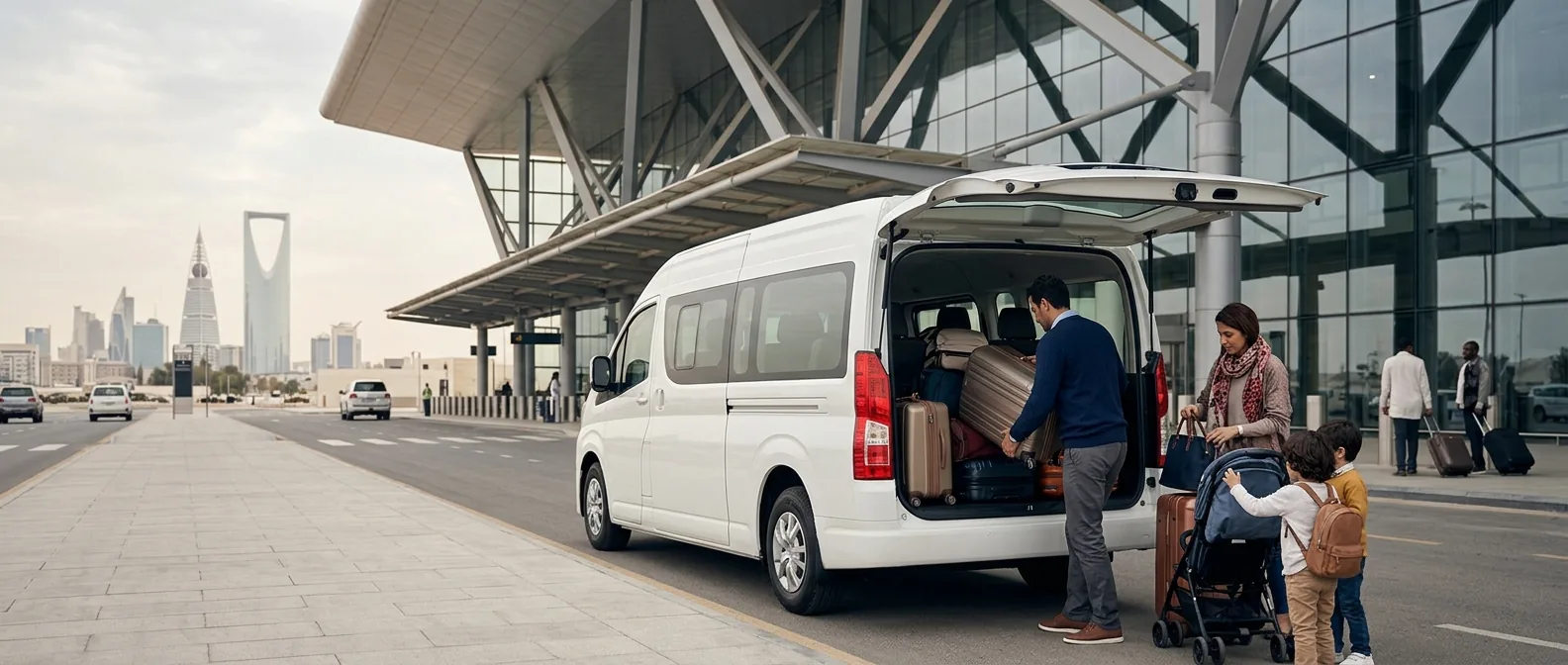 Family loading suitcases into a white van at an airport kerb under a large canopy