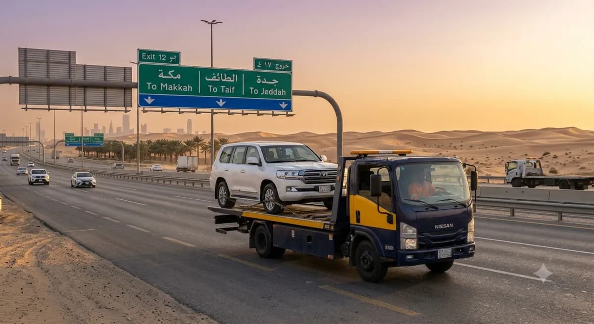 Flatbed tow truck carrying a white SUV on a desert highway under Makkah and Taif road signs