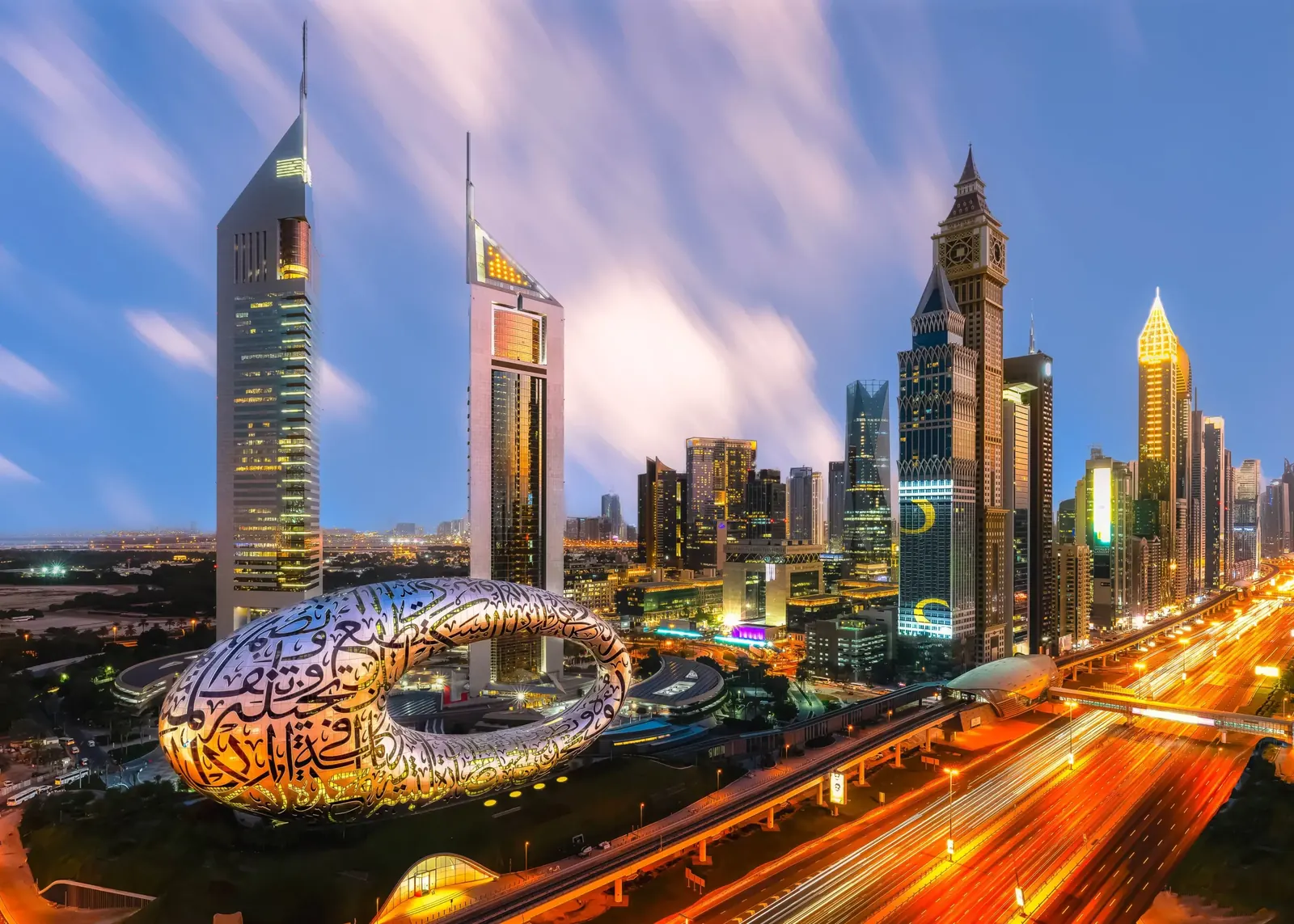 Dubai skyline on Sheikh Zayed Road with the Museum of the Future
