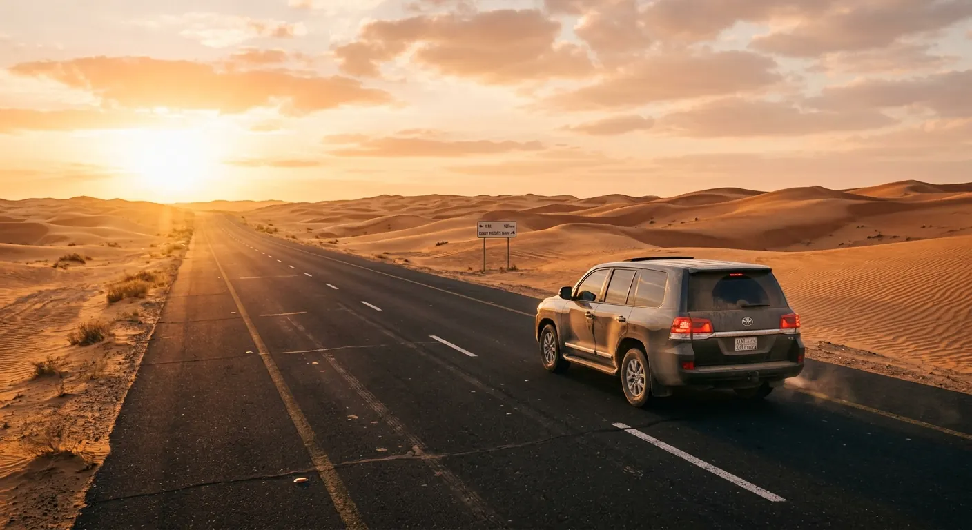 SUV on a desert highway at sunset