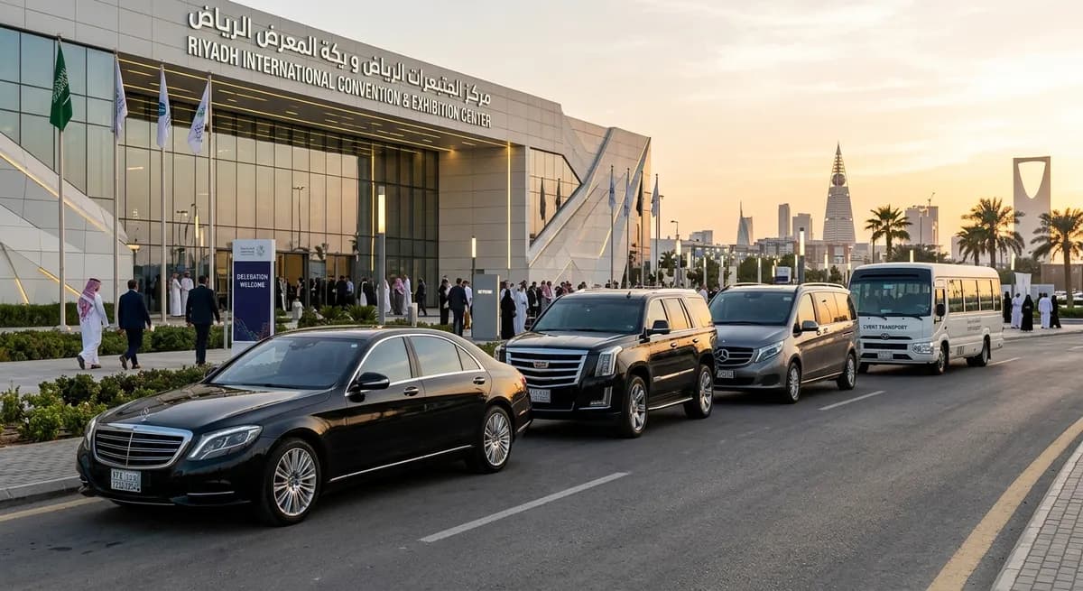 Executive sedan, full-size SUV, van and coaster lined up outside a convention centre