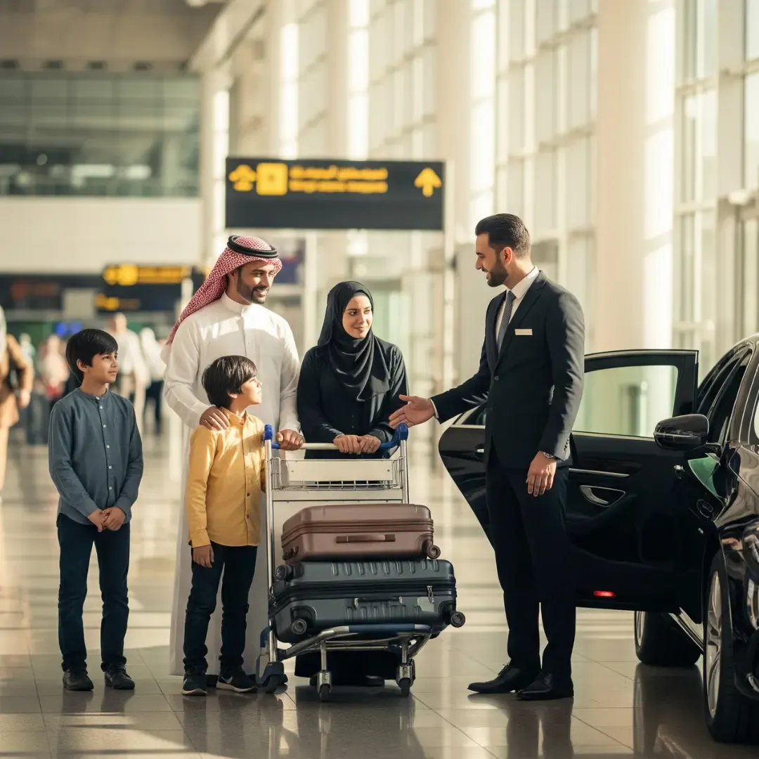 Family with a luggage trolley meeting a driver beside a car in an airport terminal