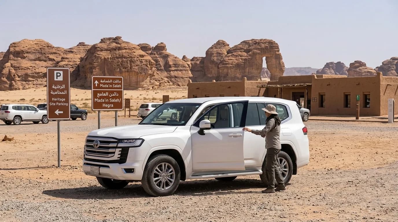 Illustration: a traveller opening the rear door of a white full-size SUV at a heritage-site car park in AlUla, with sandstone cliffs behind