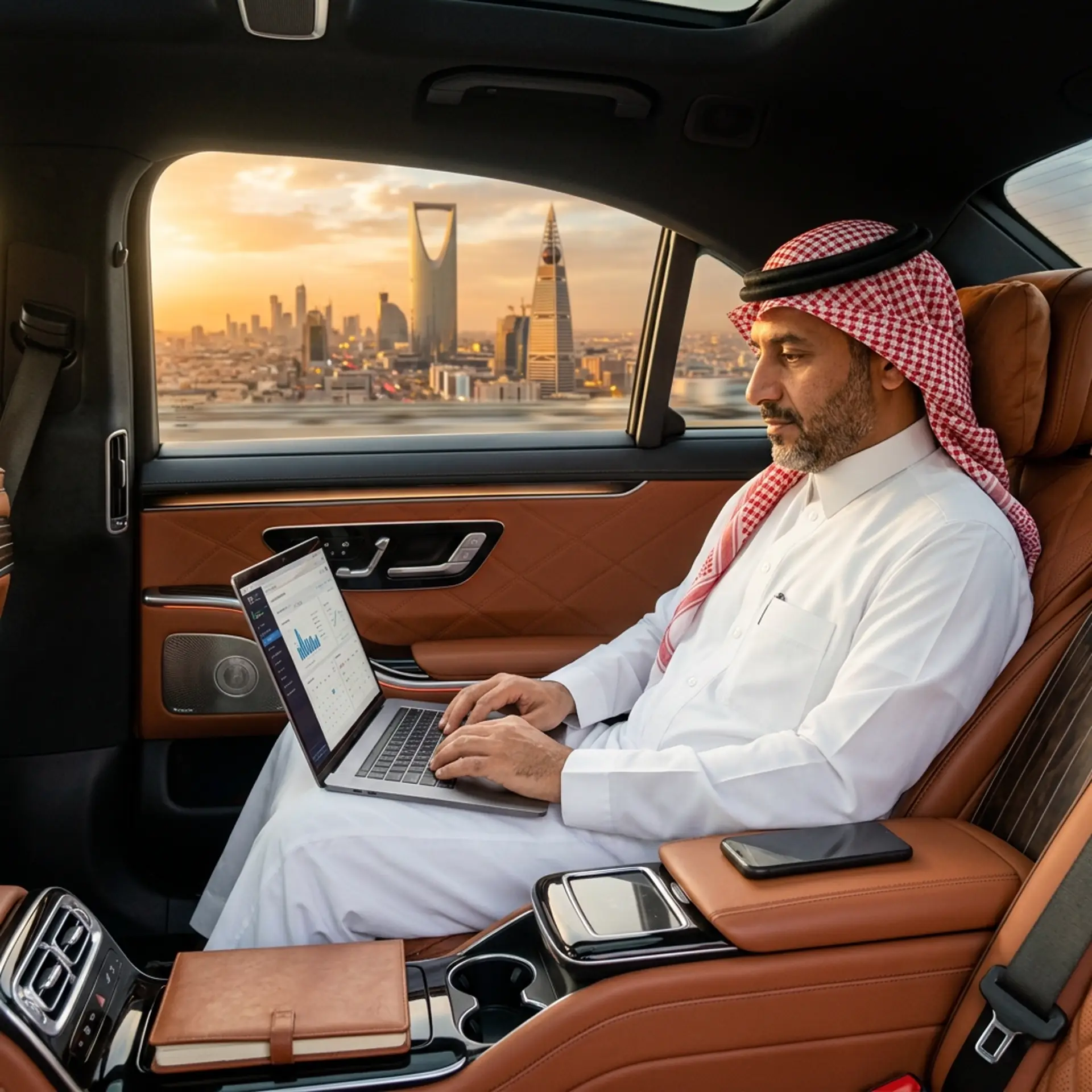 Businessman in a ghutra working on a laptop in the rear seat of a car, city skyline outside