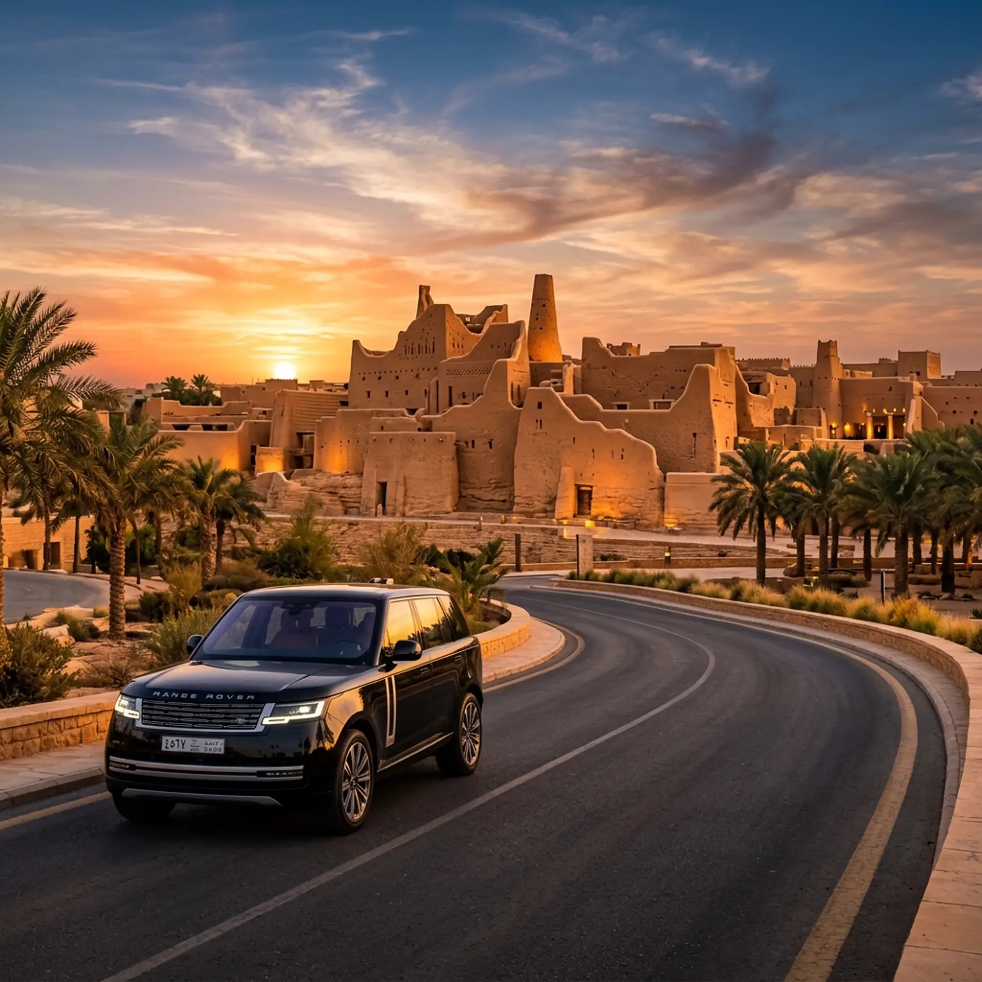 Black SUV on a palm-lined road in front of a restored mud-brick town at sunset