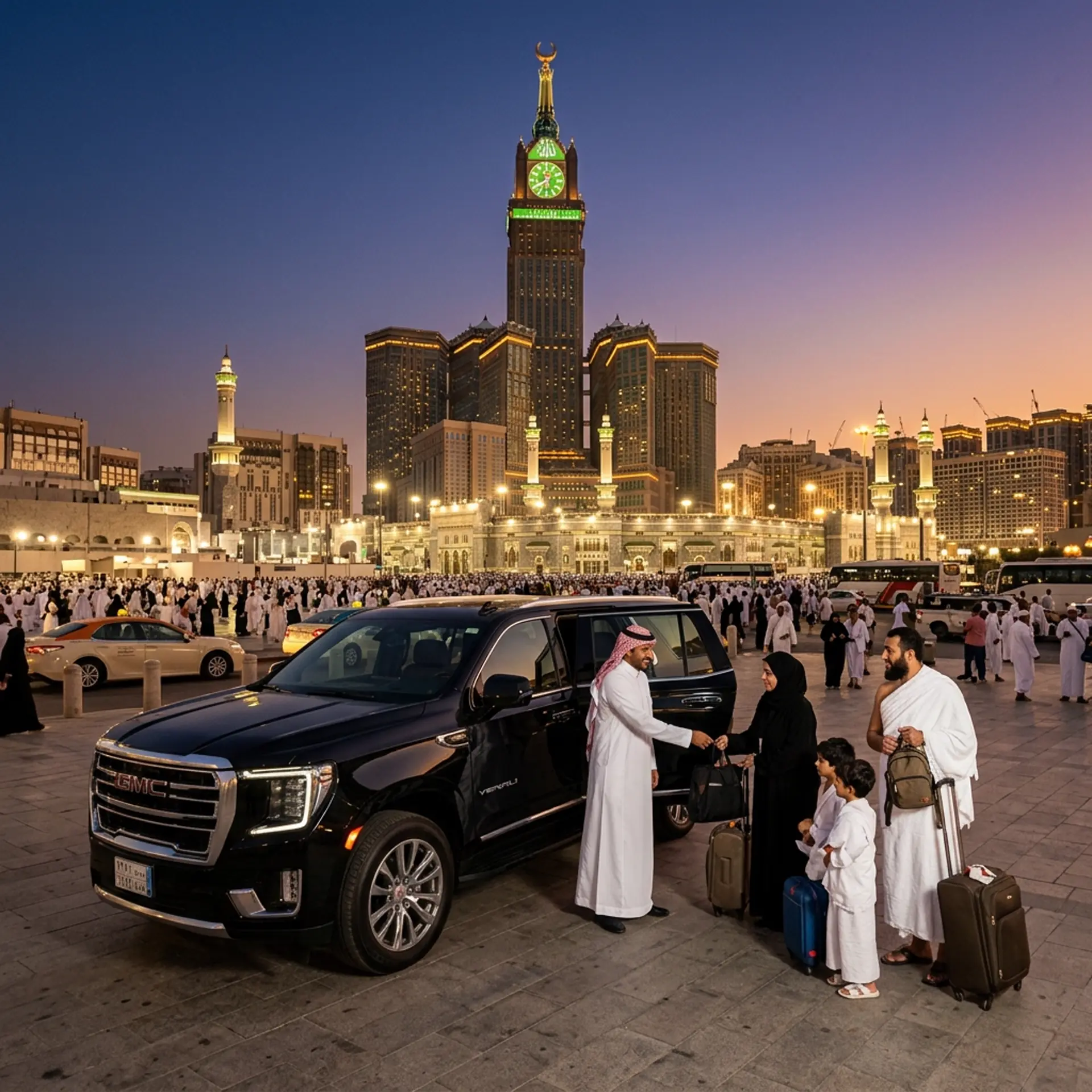 Family loading luggage into a black SUV in a plaza below a tall clock tower at dusk