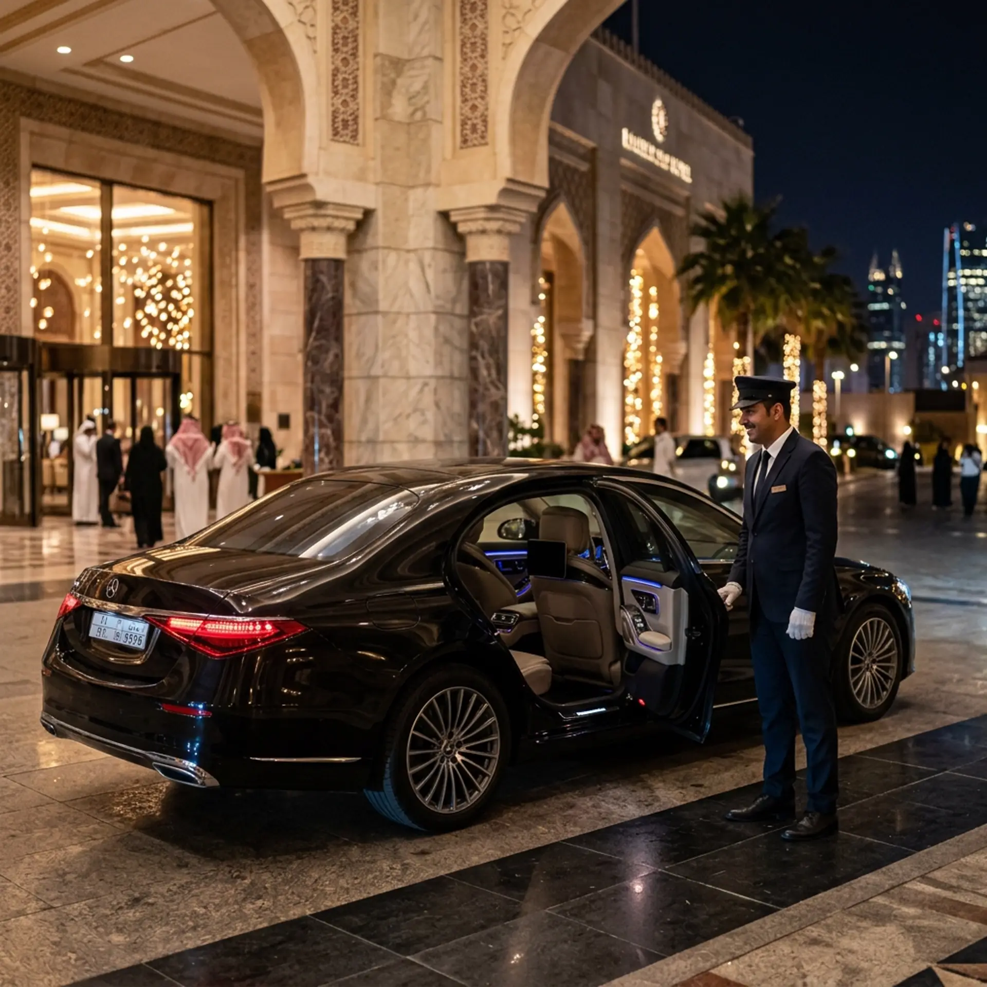 Chauffeur holding the rear door of a black executive sedan outside a lit hotel entrance at night